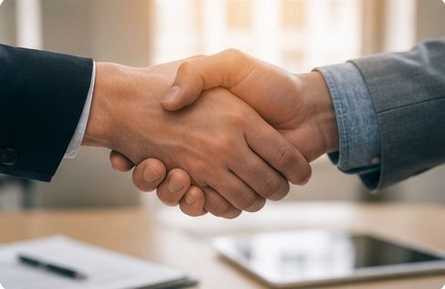 Aperto de mãos entre contador e cliente representando parceria e confiança