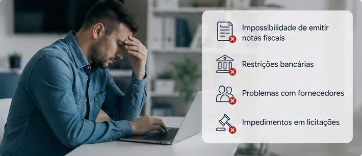 Empresário preocupado diante do laptop com lista de consequências do CNPJ inapto