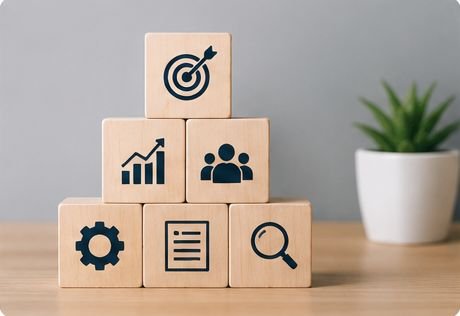 Blocos de madeira com ícones representando diagnóstico e organização da empresa